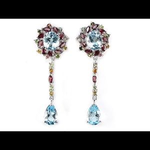 Blue topaz and red garnet dangle earrings